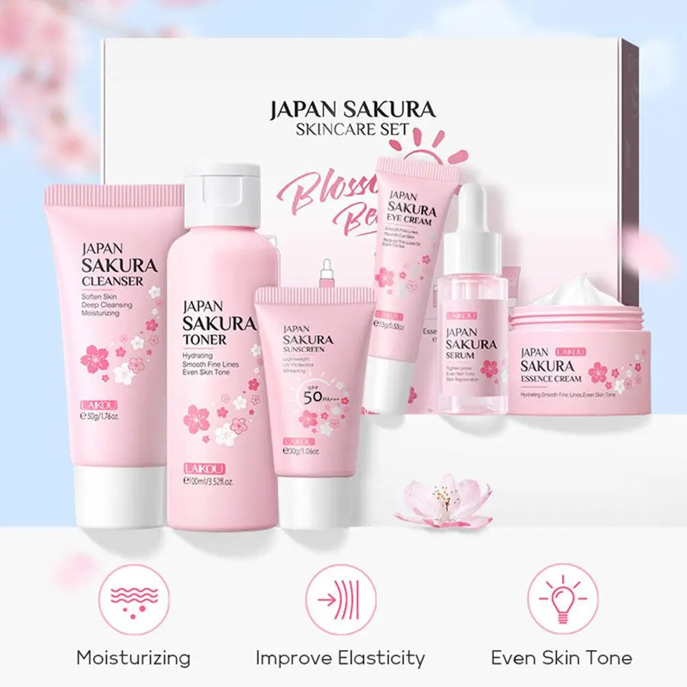 Set de cuidado facial Sakura 6 piezas: crema facial, suero, tónico, limpiador facial, protector solar y crema de ojos, set de cuidado de la piel con caja de regalo