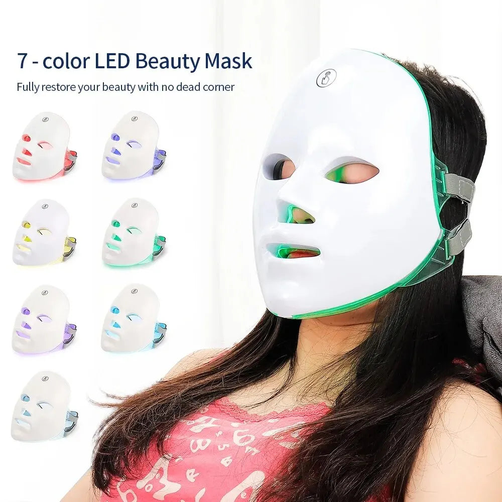 Mascarilla facial LED de 7 colores, terapia con fotones de luz roja, antienvejecimiento, reafirmante, iluminadora, tratamiento para acné, cuidado de la piel