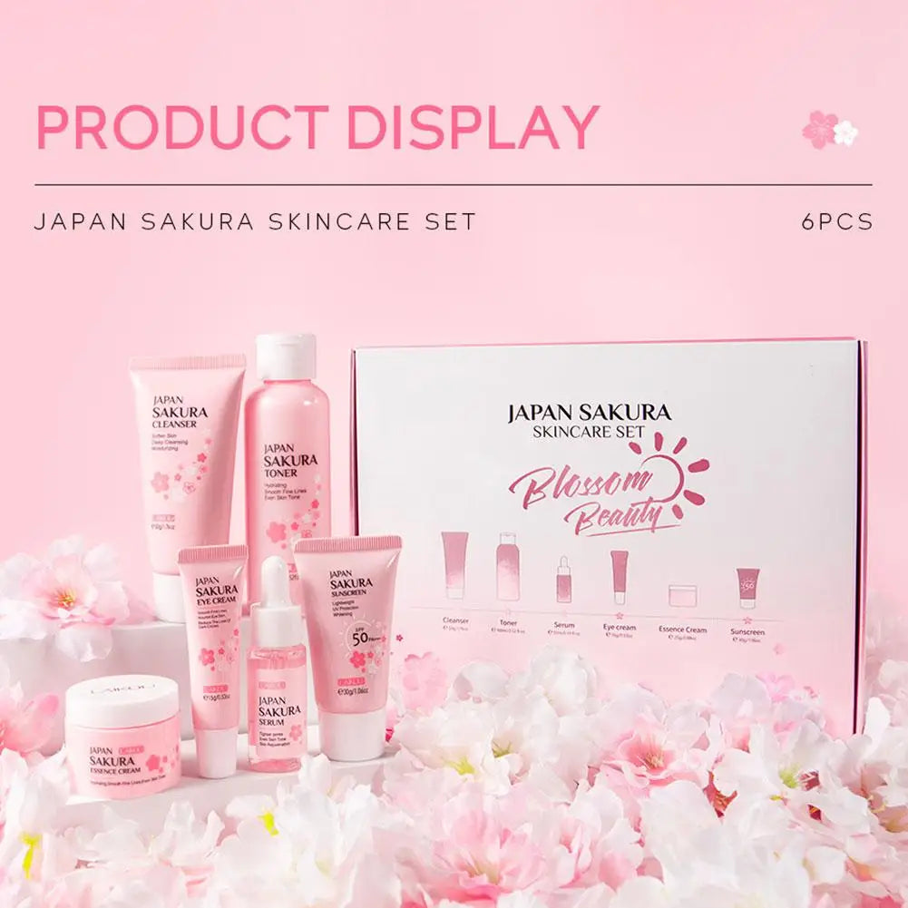 Set de cuidado facial Sakura 6 piezas: crema facial, suero, tónico, limpiador facial, protector solar y crema de ojos, set de cuidado de la piel con caja de regalo