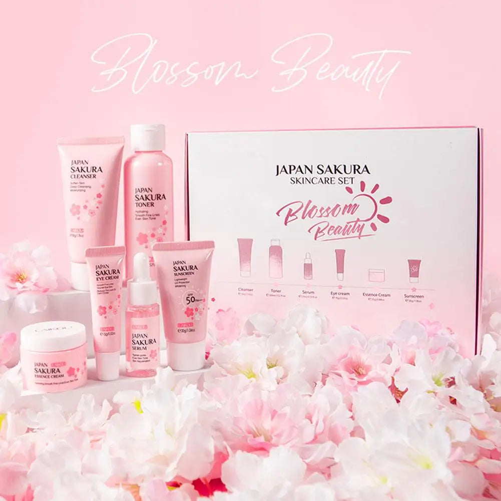 Set de cuidado facial Sakura 6 piezas: crema facial, suero, tónico, limpiador facial, protector solar y crema de ojos, set de cuidado de la piel con caja de regalo
