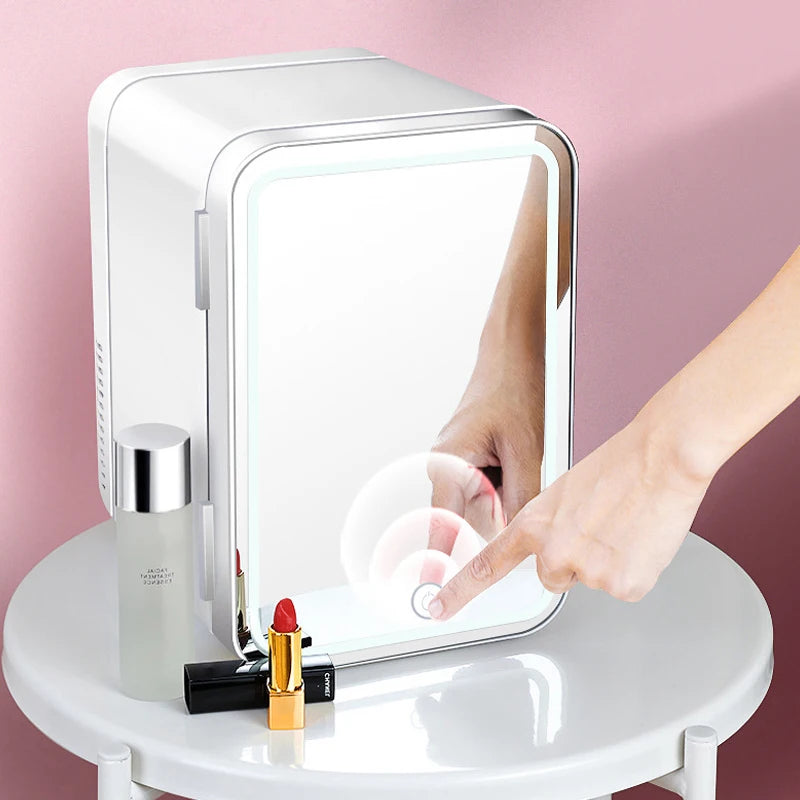 Mini nevera de 4L para maquillaje, con luz LED y espejo, portátil