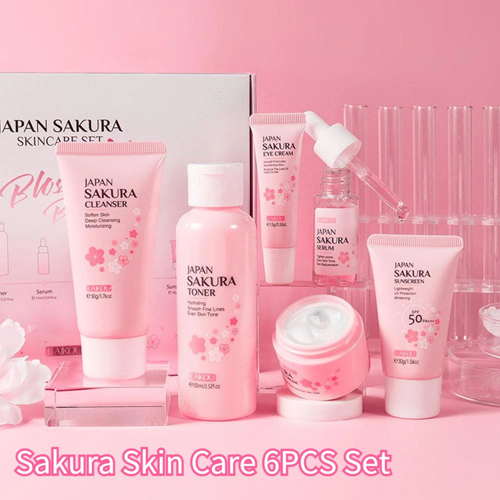 Set de cuidado facial Sakura 6 piezas: crema facial, suero, tónico, limpiador facial, protector solar y crema de ojos, set de cuidado de la piel con caja de regalo