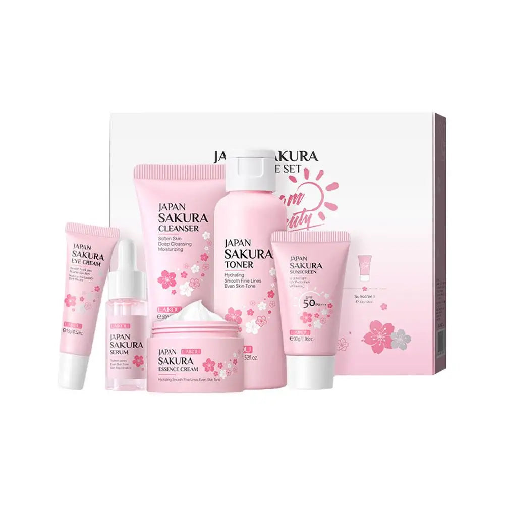 Set de cuidado facial Sakura 6 piezas: crema facial, suero, tónico, limpiador facial, protector solar y crema de ojos, set de cuidado de la piel con caja de regalo