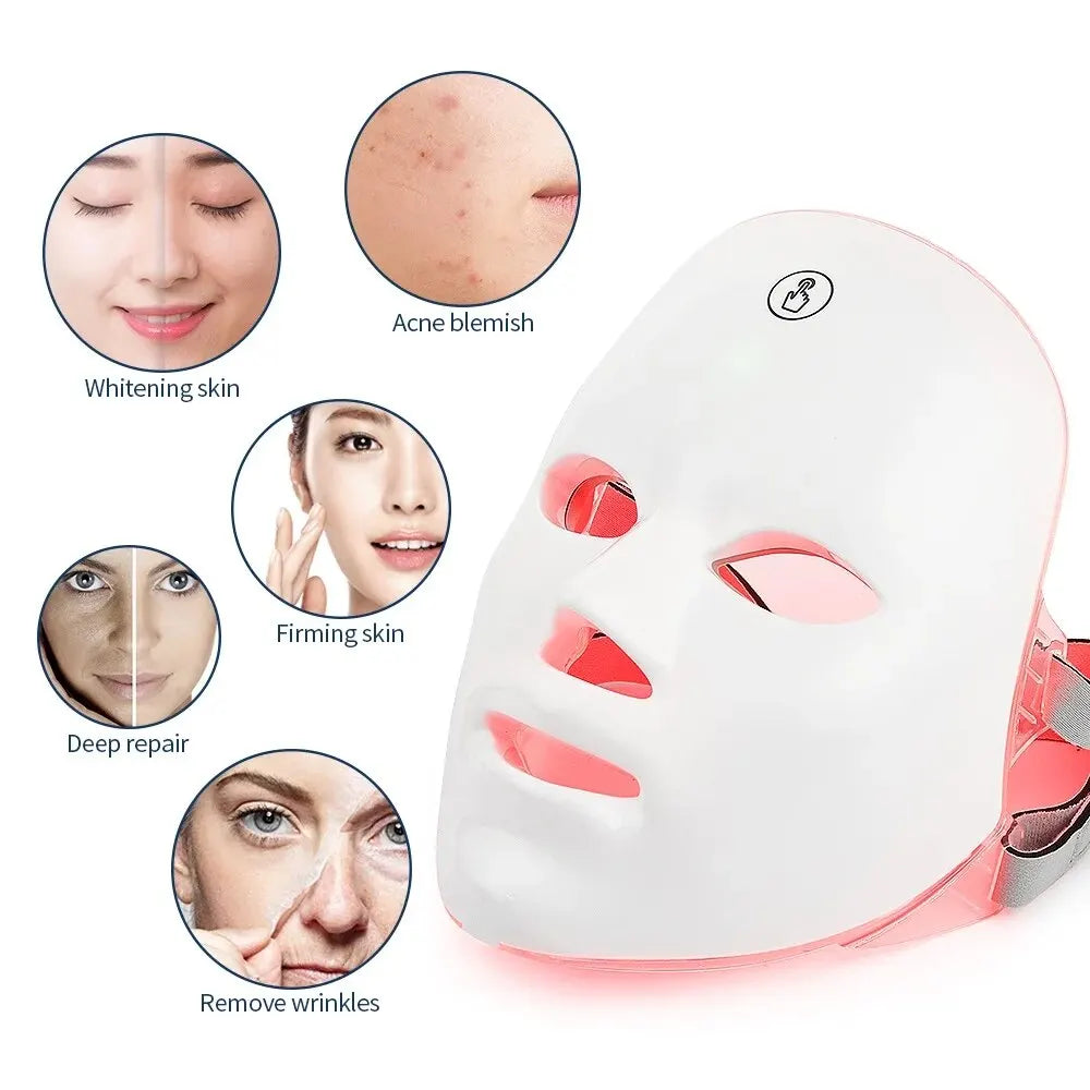 Mascarilla facial LED de 7 colores, terapia con fotones de luz roja, antienvejecimiento, reafirmante, iluminadora, tratamiento para acné, cuidado de la piel
