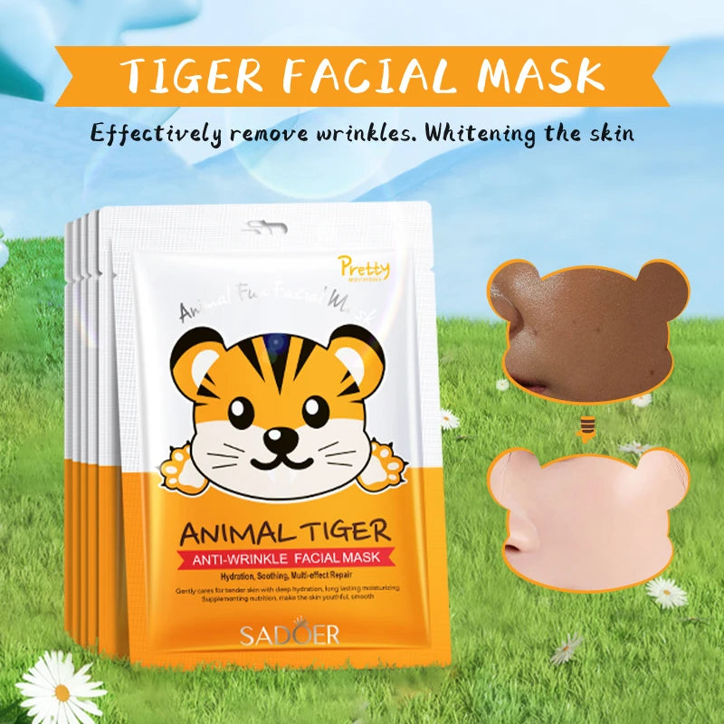 Pack de 5 Mascarillas Faciales con Diseño de Animales – Hidratante y Antiarrugas